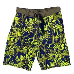 Body Glove Bermuda Shorts Size 12 Blue & Neon Floral Print Elastic Waist Unlined